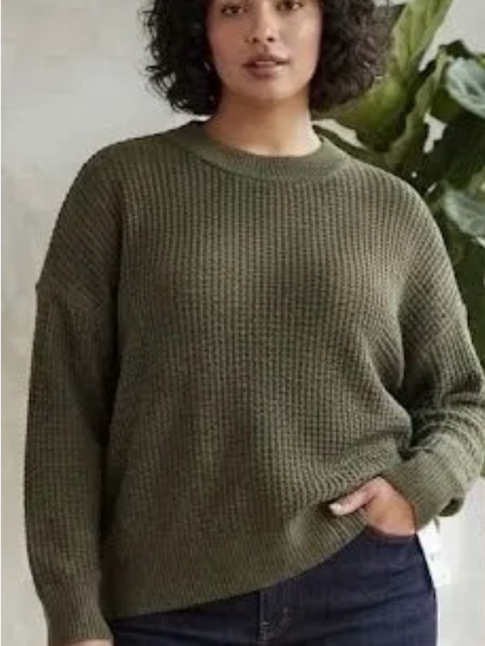 Time and Tru Olive Crewneck Waffle Knit Sweater